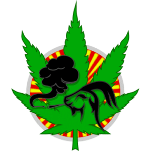 Ganja Goats Logo - a goat smoking weed on a large marijuana leaf with a Rastafarian circle background