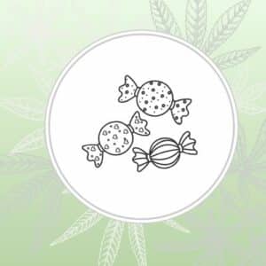 Image depicts stylized candy over a green background with cannabis leaves