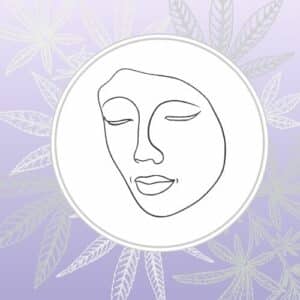 Image depicts stylized calm face over a blue gradient background with cannabis leaves
