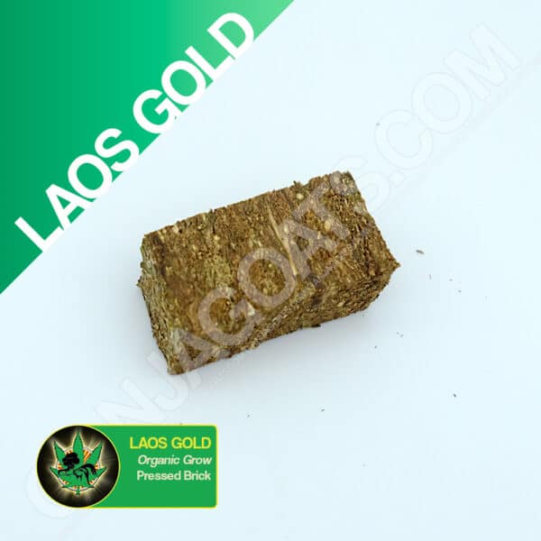 Close up photo of the pressed brick cannabis strain Laos Gold. Text next to the flower states the name of the strain, that it is organically grown, and pressed brick weed.