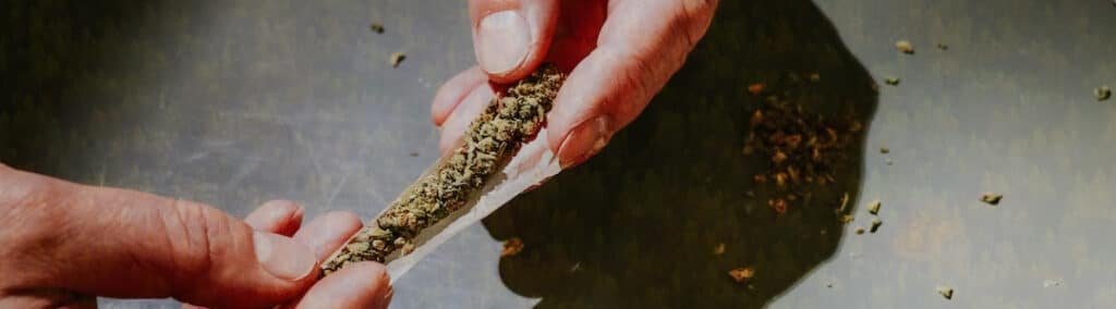 Two hands rolling a cannabis joint.