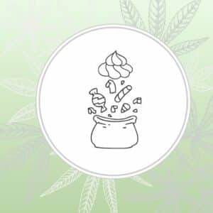 Image depicts a stylized bag of candy and cream over a green background with cannabis leaves