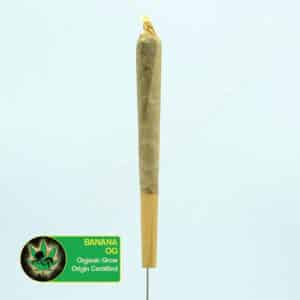 Close up photo of the a pre-rolled joint of the cannabis strain Banana OG. Text next to the flower states the name of the strain, that it is organically grown, and is origin certified.