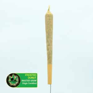 Close up photo of the a pre-rolled joint of the cannabis strain Frosted Donut. Text next to the flower states the name of the strain, that it is master grow, and is origin certified.
