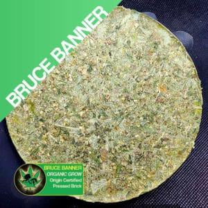 Close up photo of the pressed brick cannabis strain Bruce Banner. Text next to the flower states the name of the strain, that it is organically grown, and pressed brick weed.