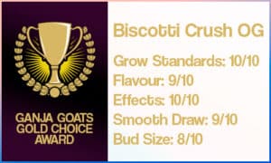 Ganja Goats Gold Choice Award. The Image shows a golden trohpy, with text stating the grow standards, flavour, effects, smooth draw, and bud size are all excellent.
