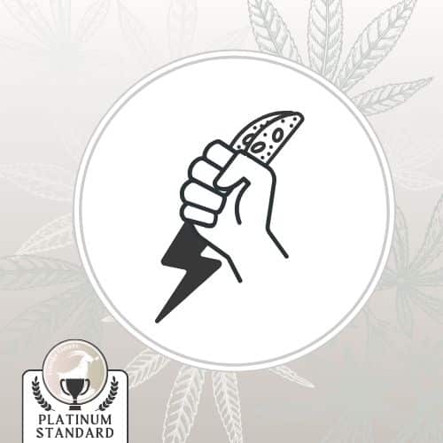 Image depicts a stylized fist holding a biscotti biscuit with lightening bolts and cannabis leaves, text states that it is 'Platinum Standard'