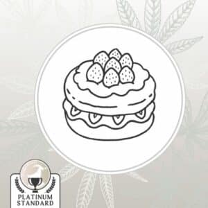 Image depicts a stylized strawberry shortcake and cannabis leaves, text states that it is 'Platinum Standard'