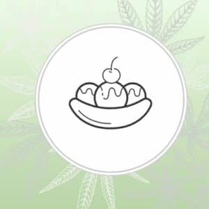 Image depicts stylized banana split over a green background with cannabis leaves
