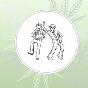 Image depicts stylized cowboys dancing over a green background with cannabis leaves