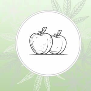 Image depicts a stylized pair of apples over a green background with cannabis leaves