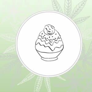 Image depicts stylized cookies and cream in a bowl over a green background with cannabis leaves