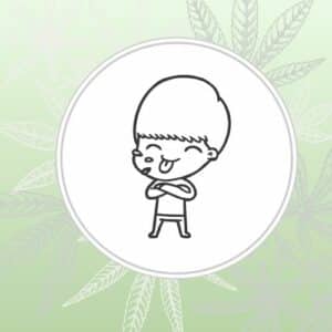 Image depicts a stylized naughty young boy over a green background with cannabis leaves